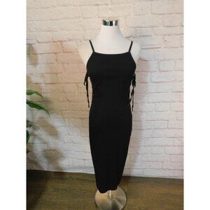 Black Bodycon Dress Womens Medium Lace Up Side Ribbed Knit Midi Party Cocktail